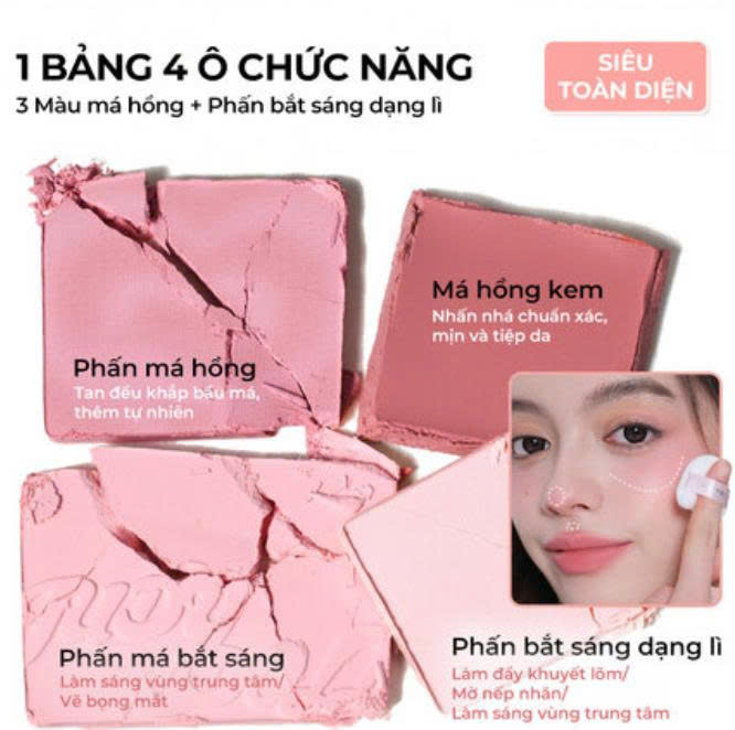 Bảng Phấn Má Hồng Bắt Sáng JUDYDOLL 4 Ô Tông Lì Đa Năng Mềm Mịn Trang Điểm Tự Nhiên Lâu Trôi